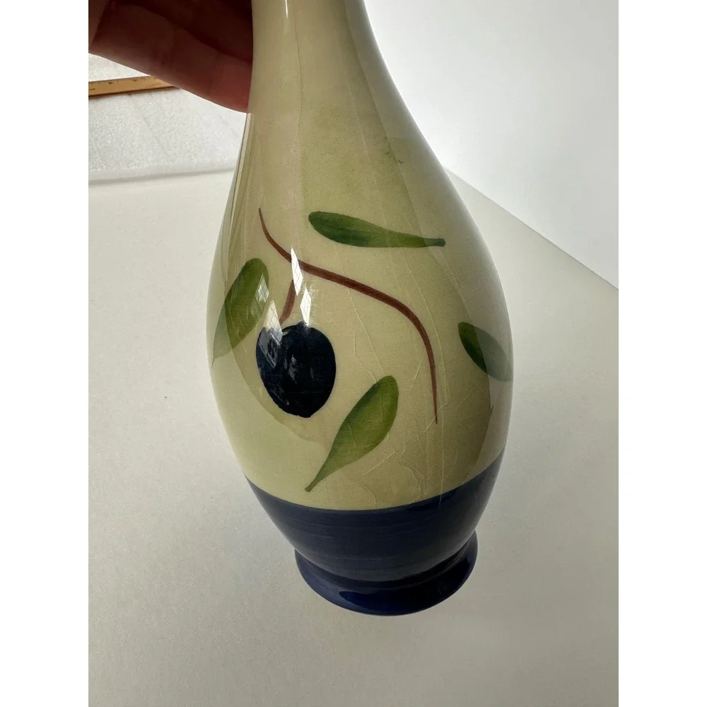 Ceramica AM Italy Hand Decorated Olive Branch Ceramic Vase Blue Cream 10 Inch